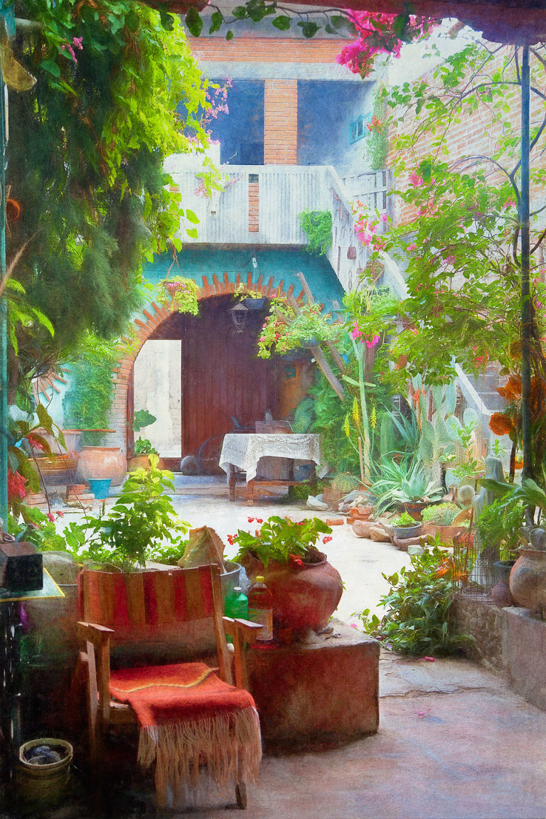 Beautiful courtyard oasis, viewed from an open patio