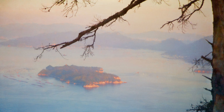 Overlooking oyster beds in Hiroshima Bay at sunset