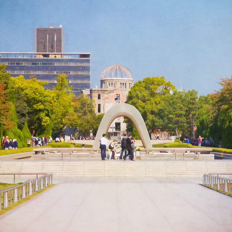 Cenotaph for A-Bomb Victims with the Peace Flame and A-Bomb Dome behind
