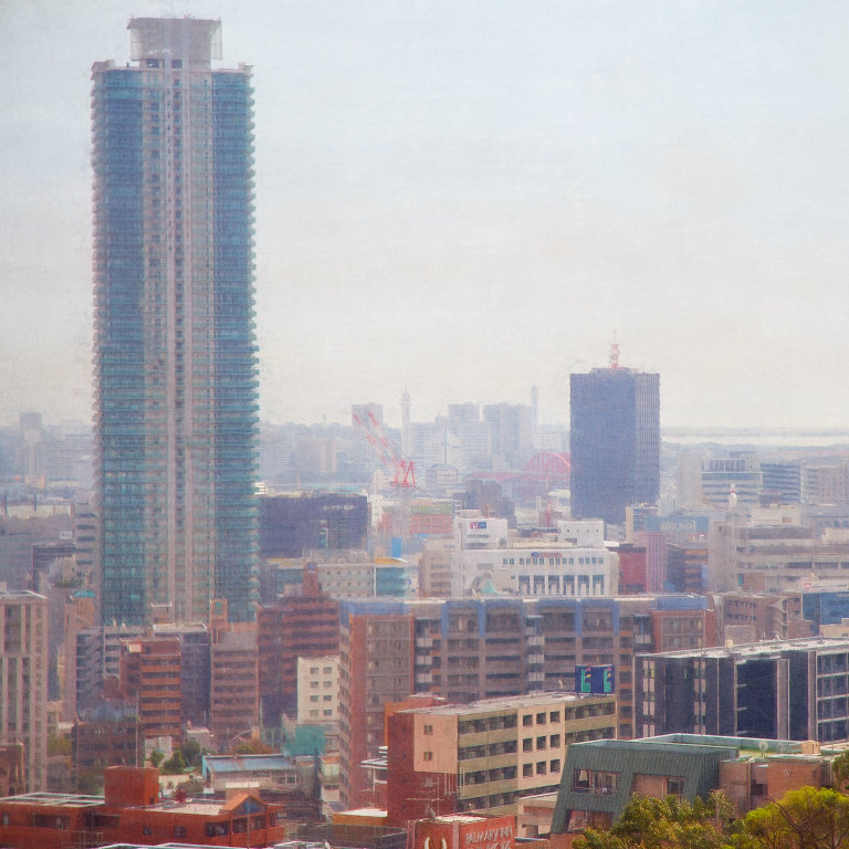 From the ropeway - buildings, red Kobe-ohashi bridge, and cranes